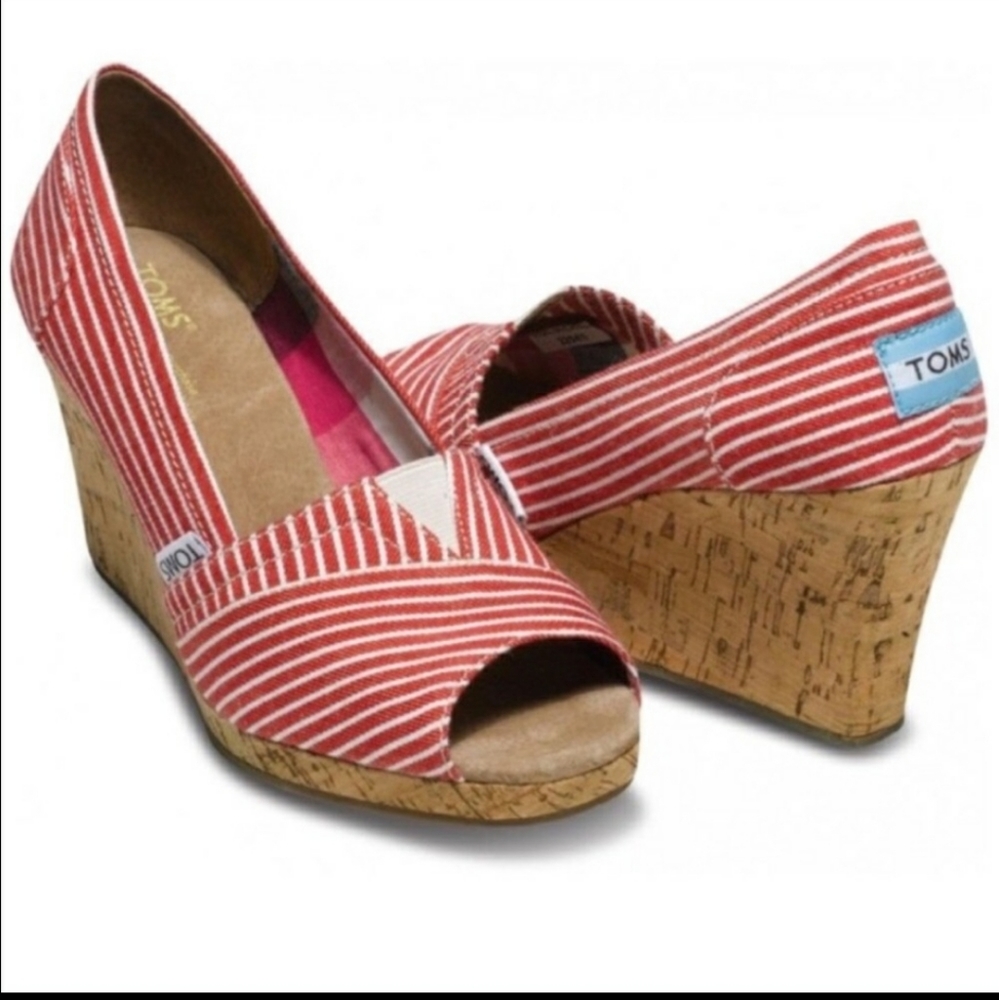 Toms Peep Toe Wedges Stripes Red/White 7.5